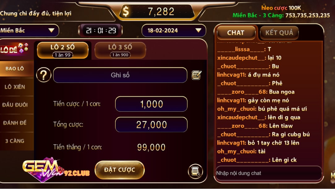 Sảnh chơi lô đề tại Gemwin