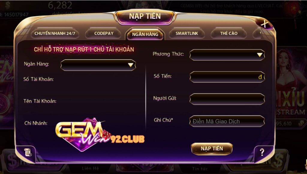 Hướng dẫn các bước nạp tiền tại cổng game Gemwin